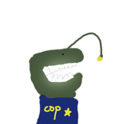 Poorly drawn fish with a police badge and the word 'cop' written on its shirt